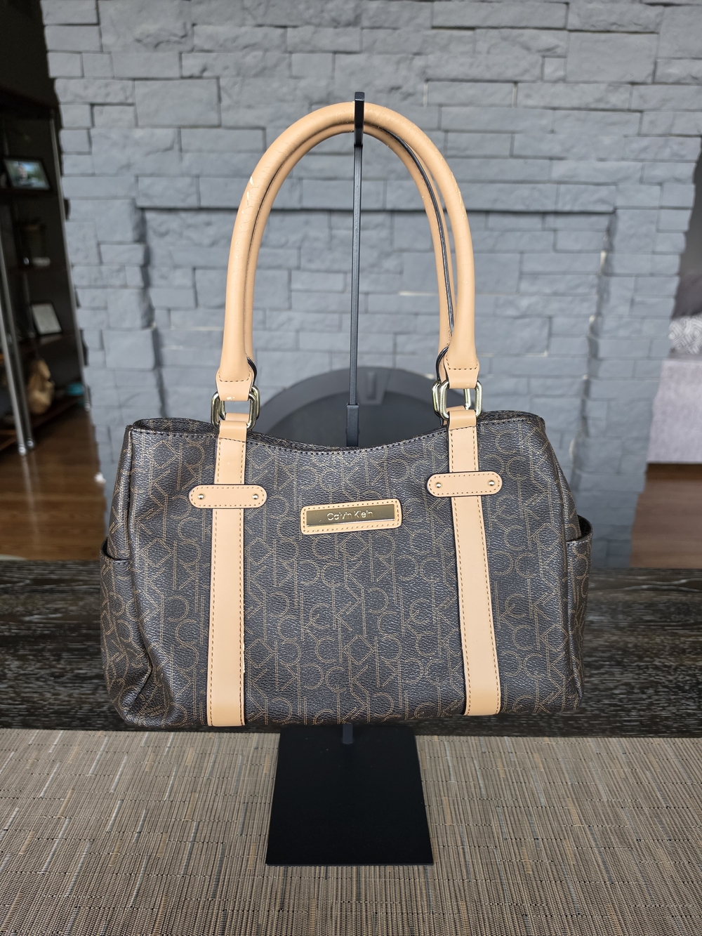 Calvin Klein Brown Logo Tote with Tan Trim